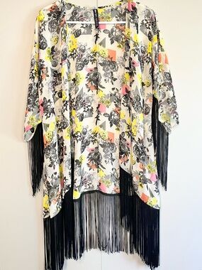 Design Lab Floral Fringe Kimono Cardigan Boho Festival Cover Up Small